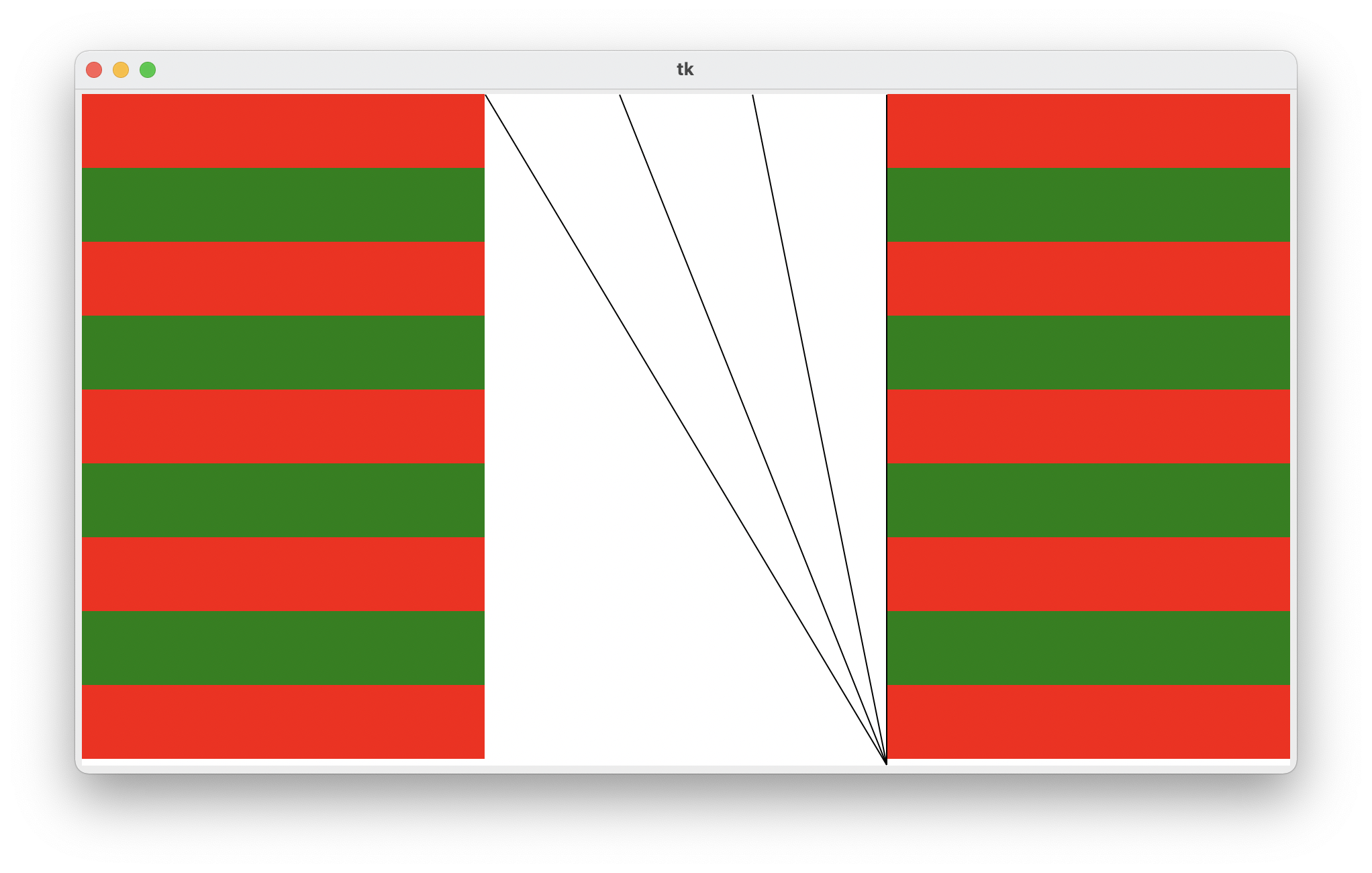 The Stanford flag with canvas size 900 x 500. It consists of one row of three patches; two stripe patches on either side of
          a ray patch. Following from the examples above, this example Stanford flag has 4 rays in its ray patch, and 9 stripes in its stripe patch.