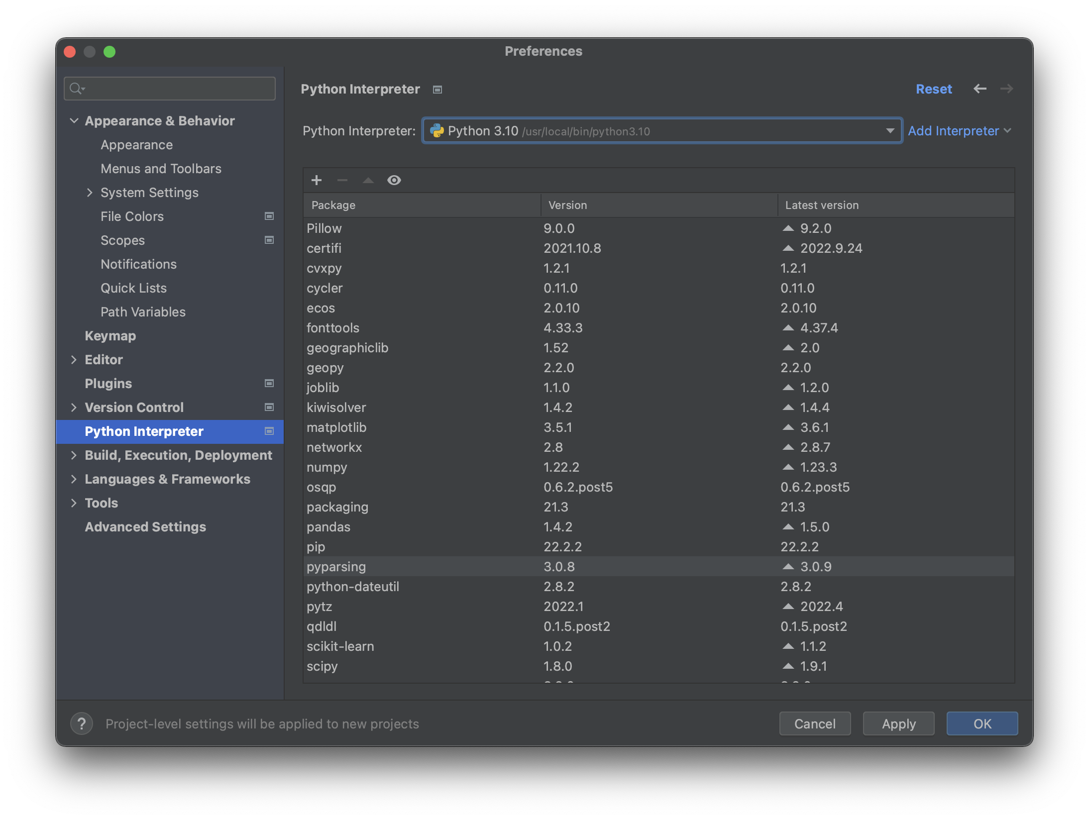 Interpreter window after selecting system interpreter