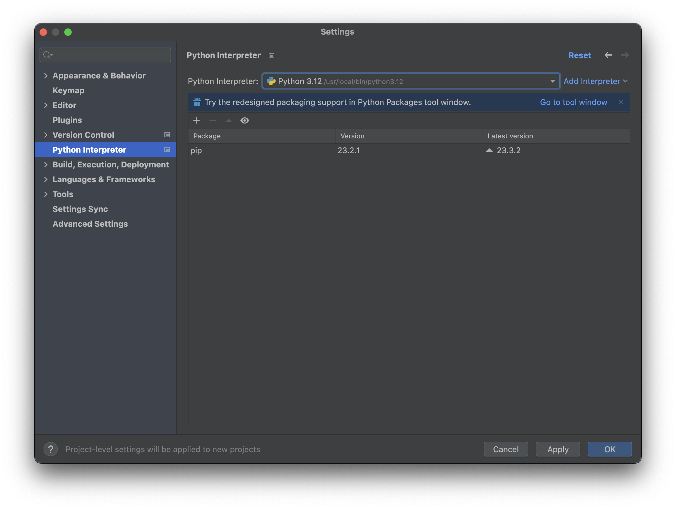 Interpreter window after selecting system interpreter