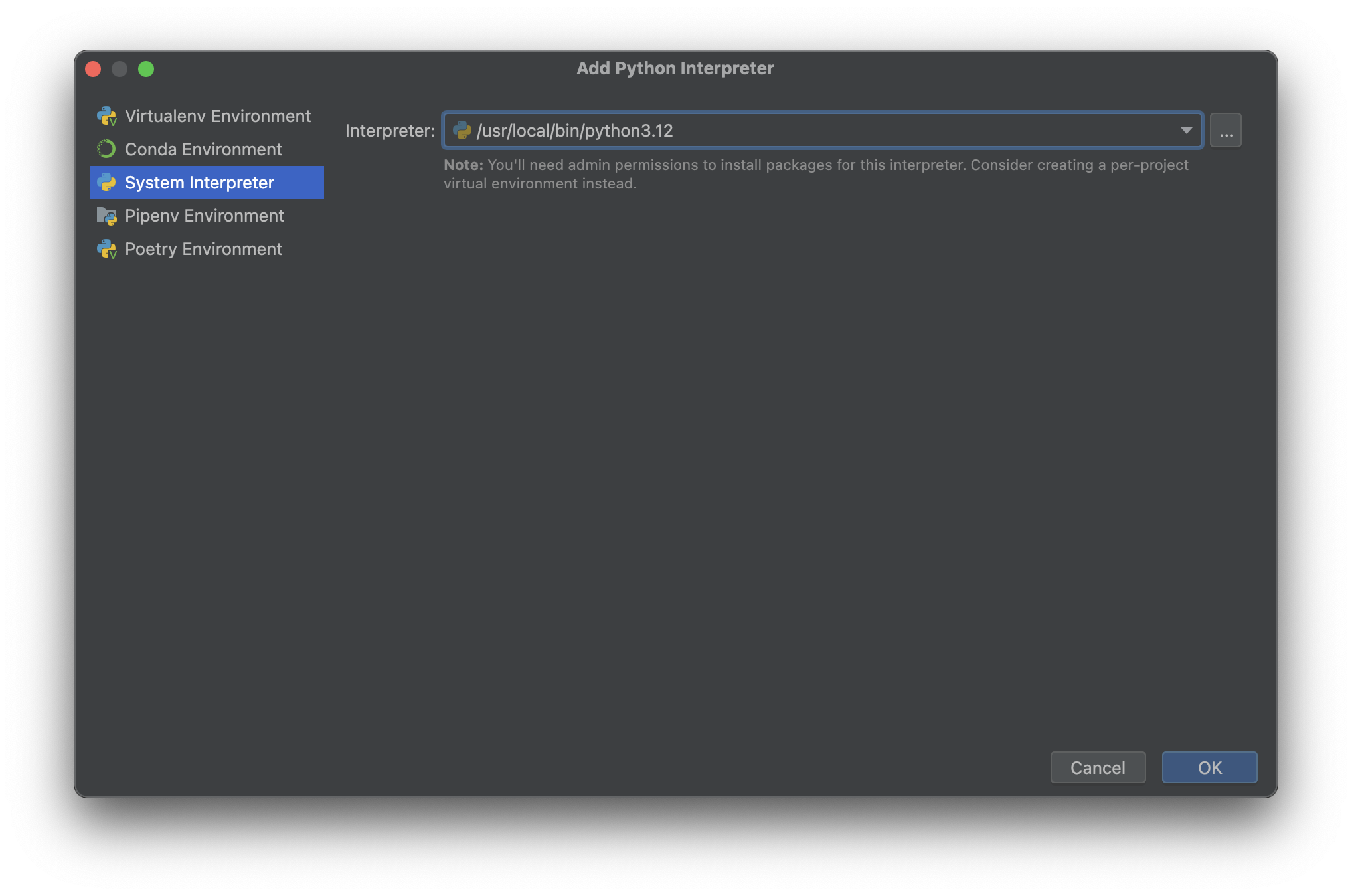 Adding the system interpreter in PyCharm