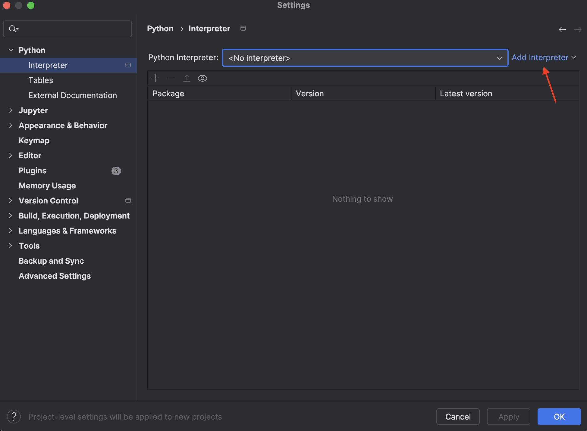 PyCharm Preferences Window, arrow pointing to the Add Interpreter Dropdown Button near the top right