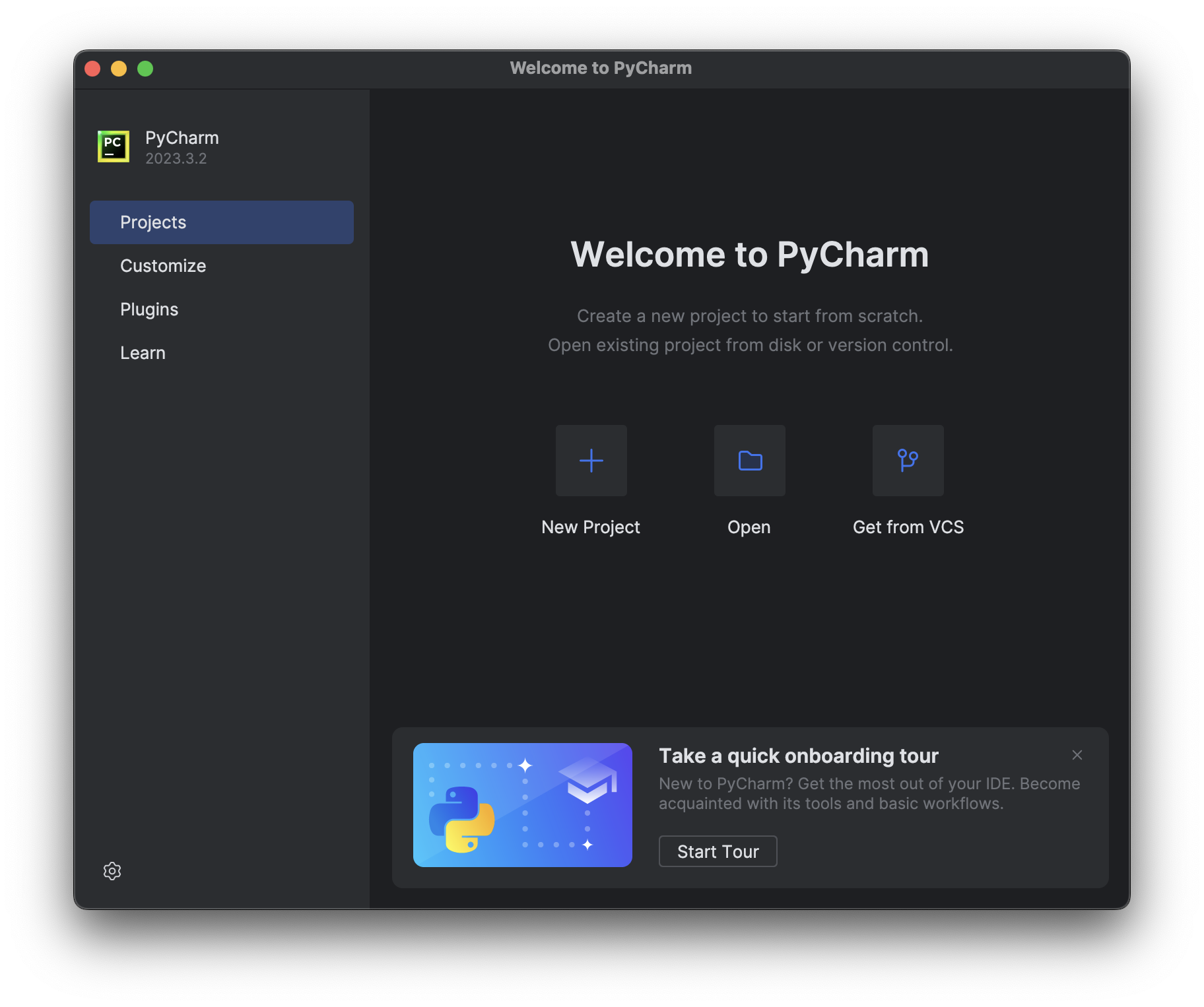 Welcome Screen of PyCharm with 'Projects' tab selected.