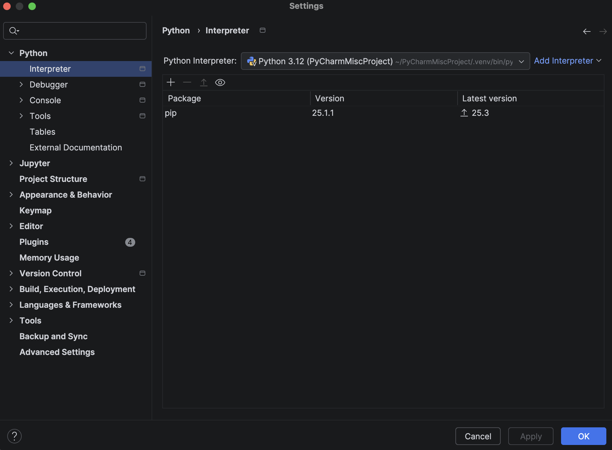 PyCharm Preferences Window, in the 'Project Interpreter' Pane, with 'Show All' highlighted in the dropdown menu