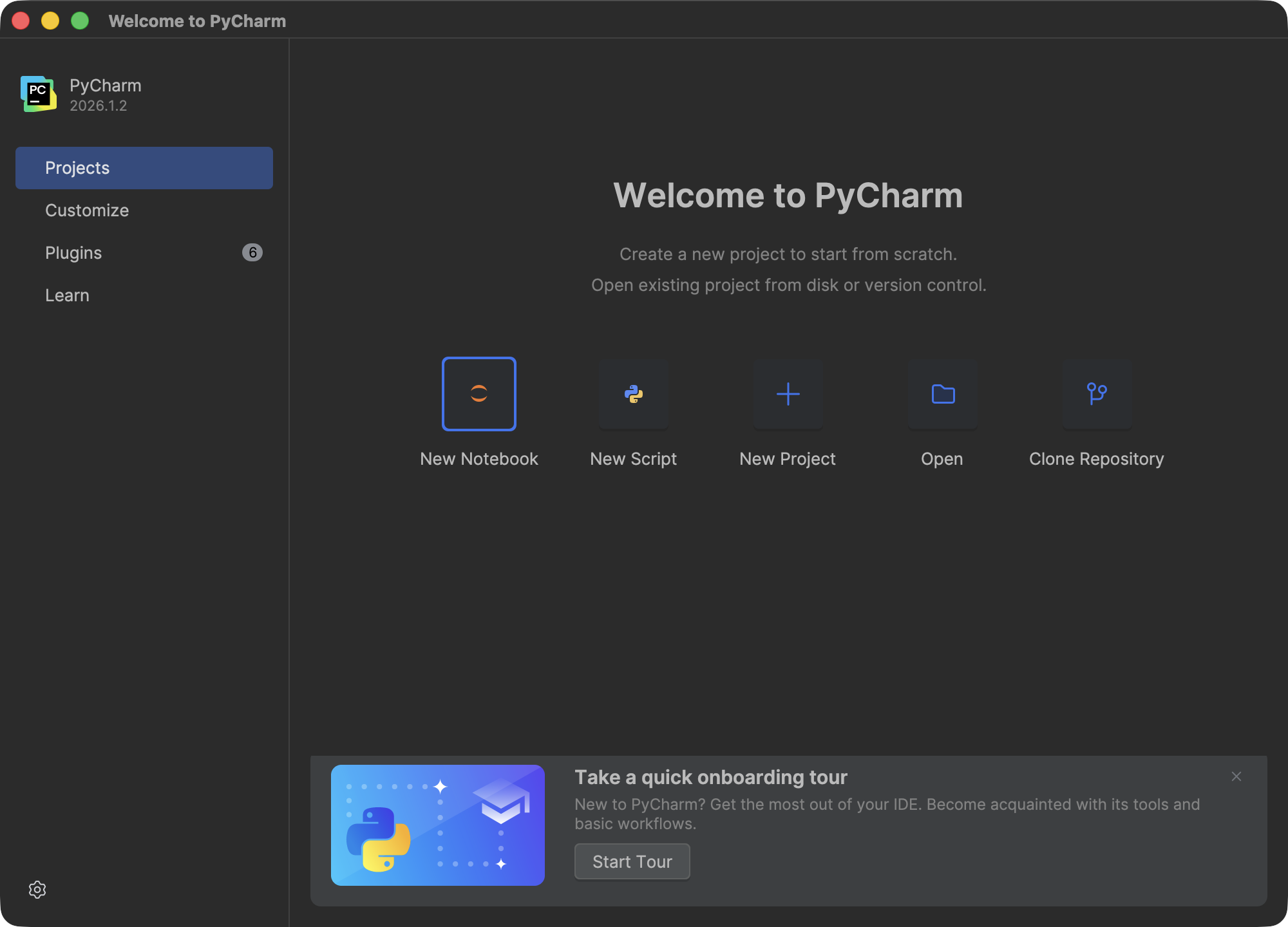 PyCharm welcome screen