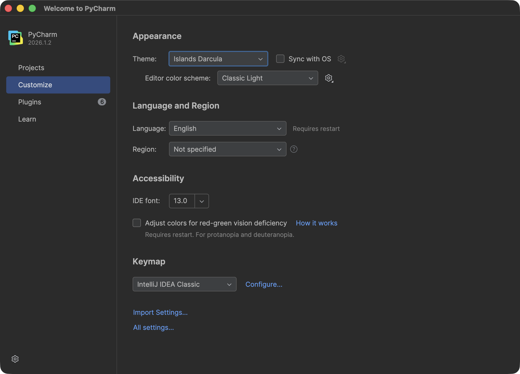 Customize tab with All Settings at the bottom