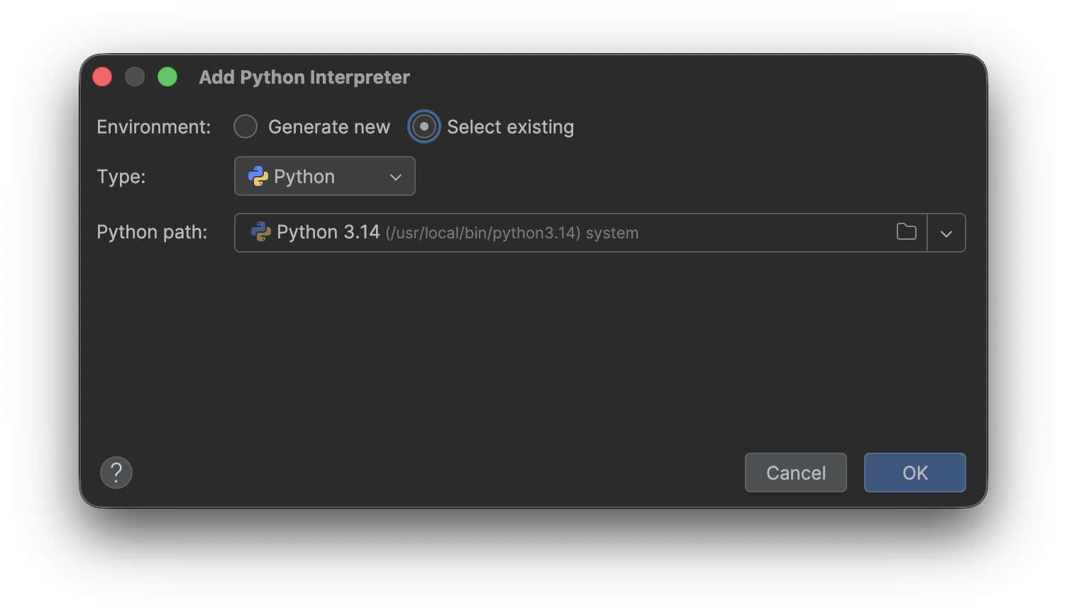 Adding an existing Python 3.14 interpreter