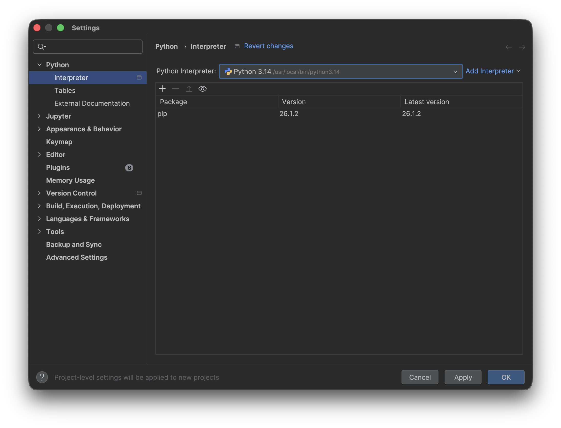Python 3.14 selected as the interpreter