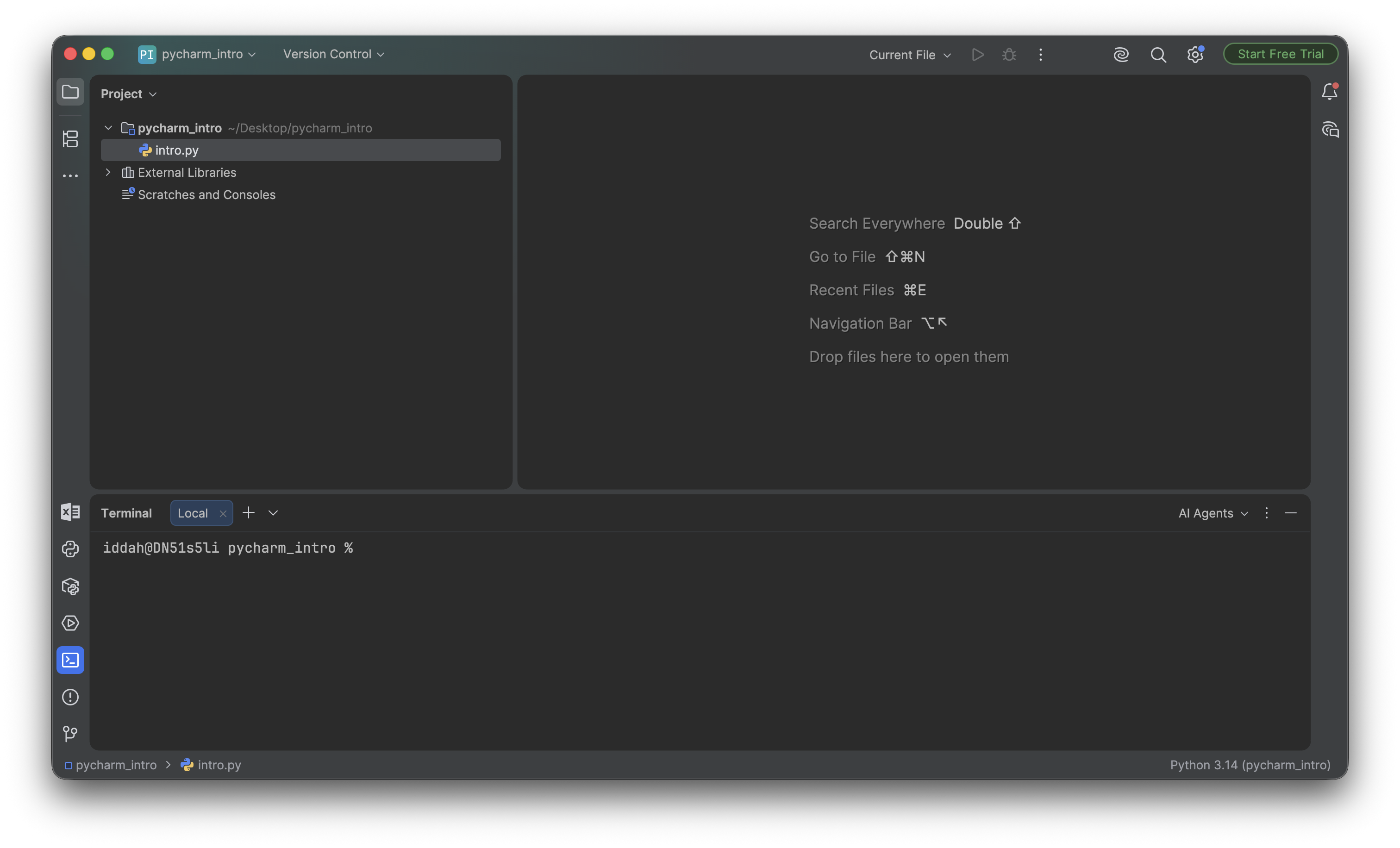 The terminal pane open in PyCharm