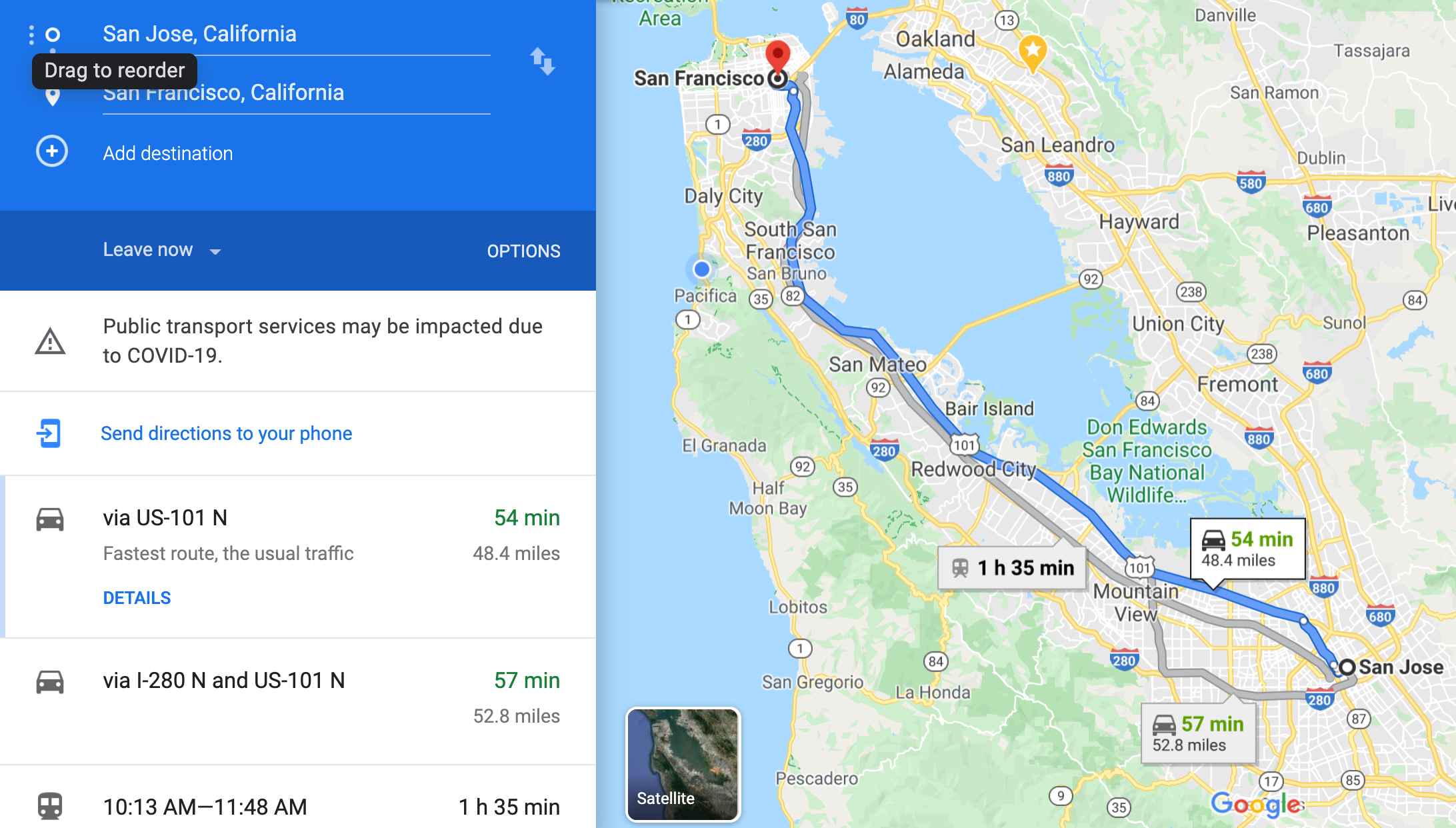 A Google Maps image showing the directions from San Jose to San Francisco