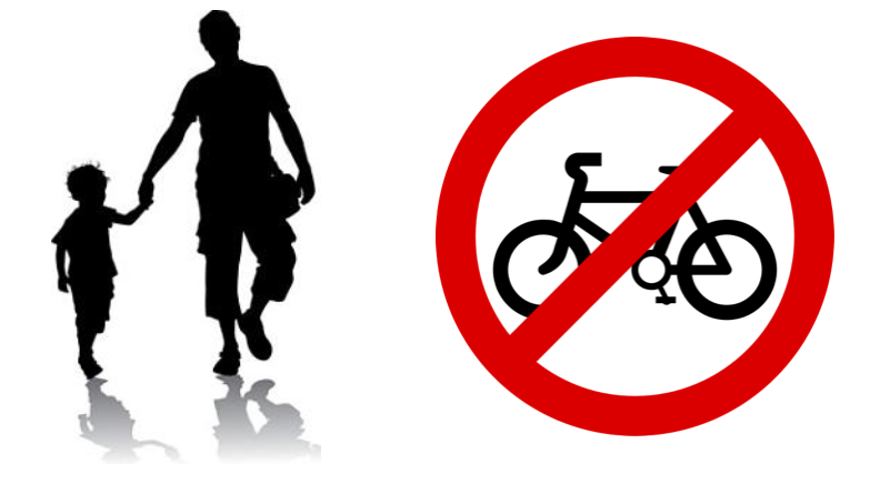 An image of a real parent holding a child's hand, and an image of a bicycle with a red 'no' sign through it