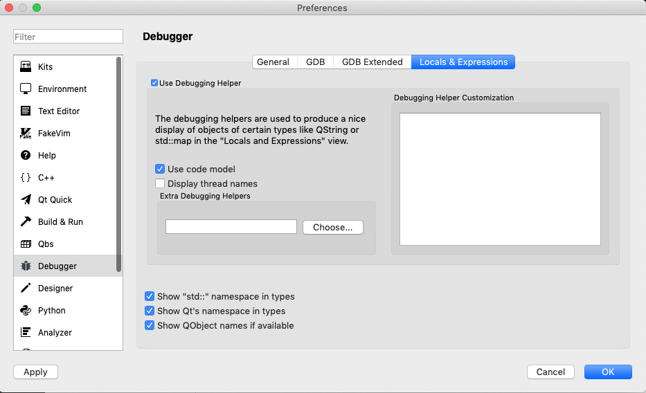 screenshot of debugger/locals section of preferences