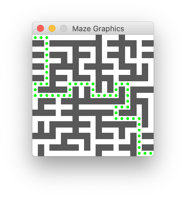 rectangular maze with dotted path leading from entry to exit