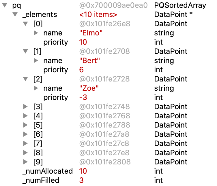 screenshot of variable pane showing array