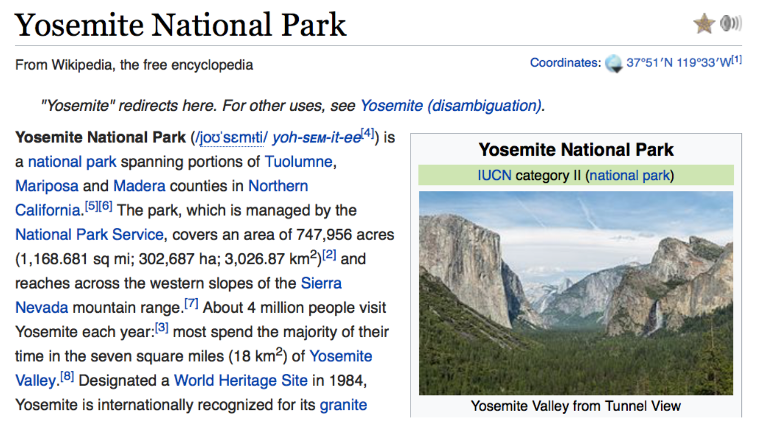 A Wikipedia article about Yosemite National Park