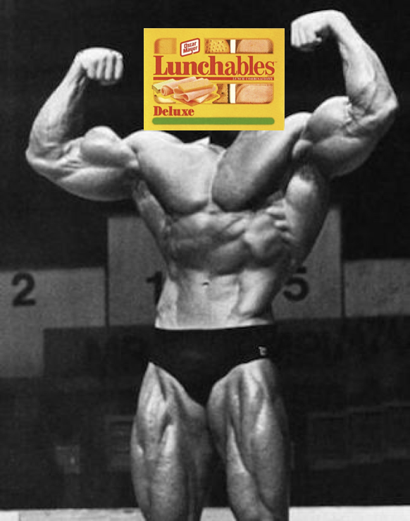 An image of Arnold Schwarzenegger when he was Mr. Universe, with an image of a Lunchable superimposed on his face