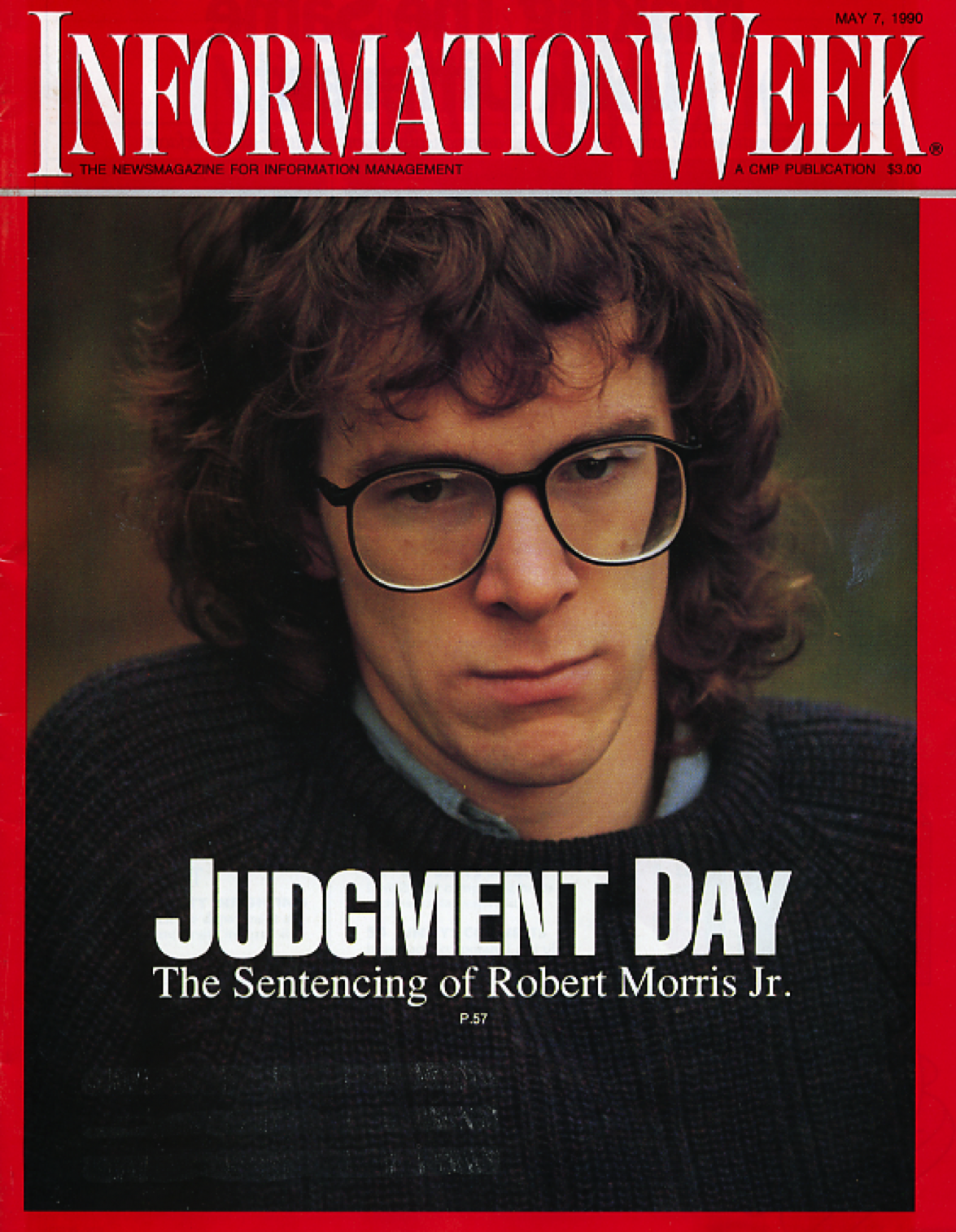 An Information Week Magazine cover showing Robert Morris, Jr., the first person to be convicted of a computer crime in the U.S.