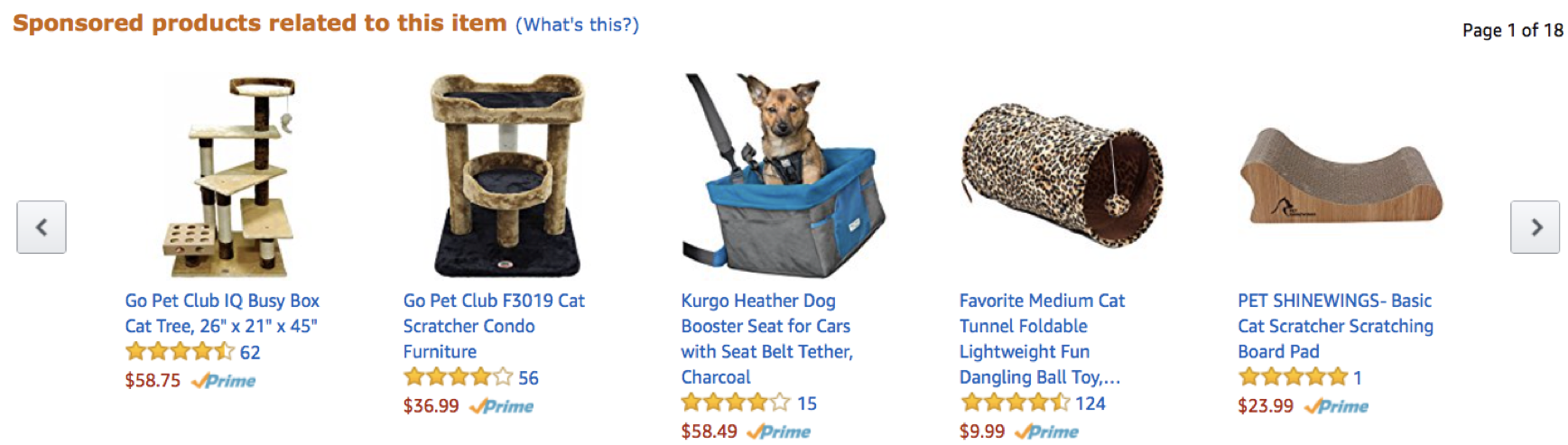 Amazon suggestions: 'cat tree playground for cats', 'scratcher condo for cats', 'dog booster seat`, 'medium cat tunnel', 'basic cat scratcher scratching board pad'