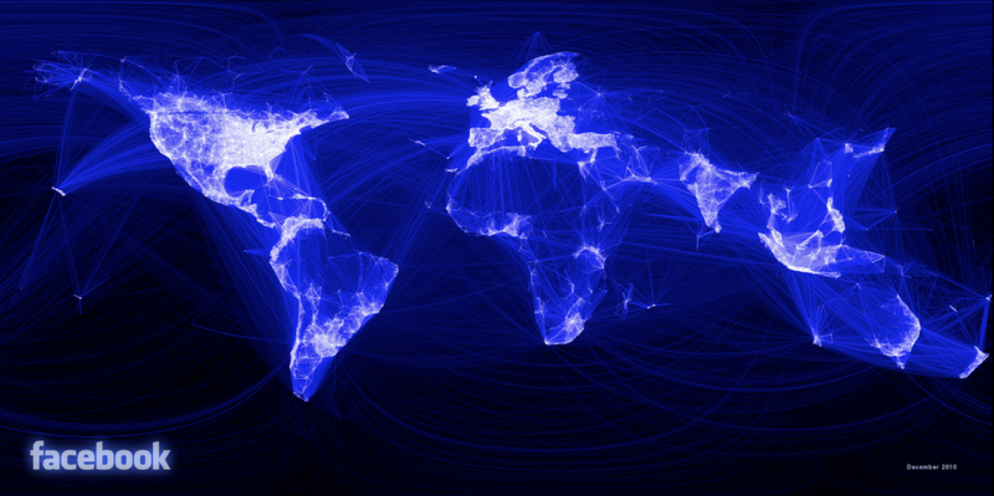 A map of the world showing Facbook connections. The map was drawn only using the connections, in other words, the outline of the countries only comes from the fact that there are people connected via facebook living there