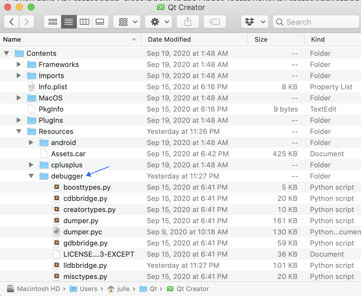 screenshot of debugger subfolder