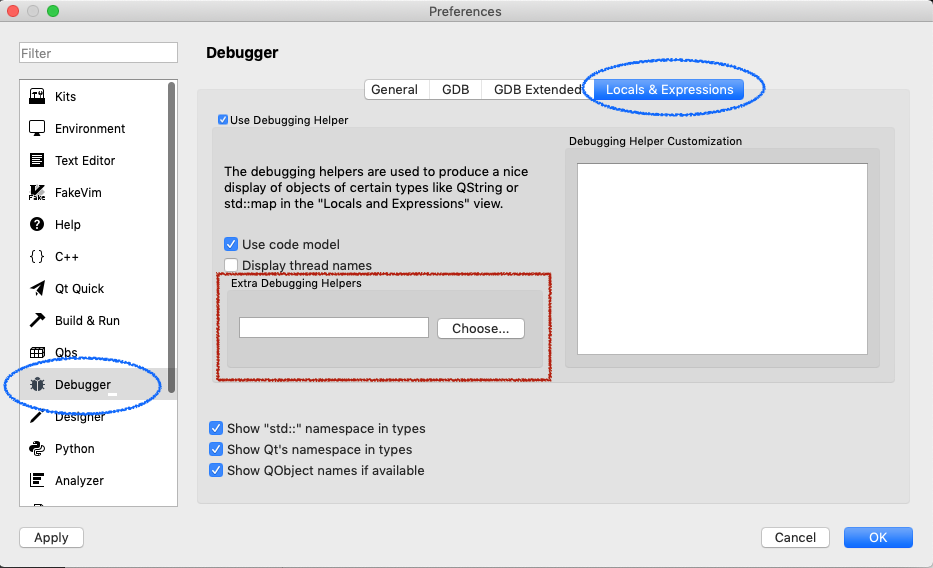 screenshot of debugger/locals section of preferences