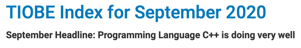 TIOBE headline for September, 2020: 'C++ is doing very well'
