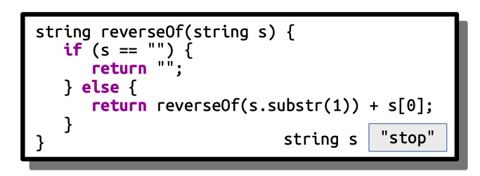 The initial stack frame of reverseOf, with "stop" passed in as s.