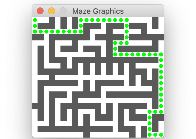 rectangular maze with green dotted path leading from entry to exit