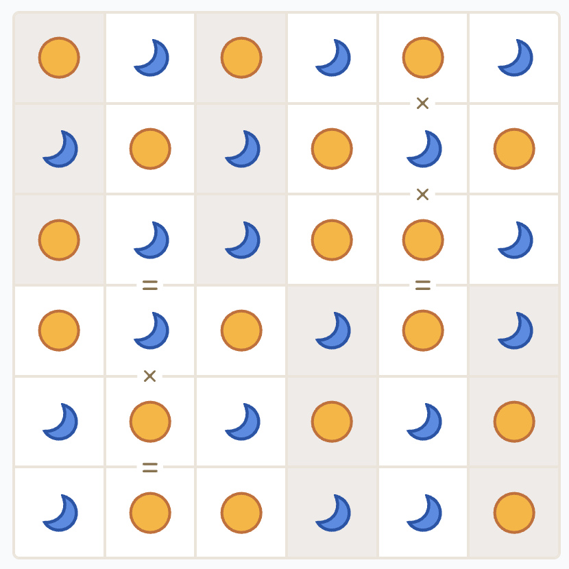 A photo of the LinkedIn game Tango puzzle, filled out and successfuly completed.