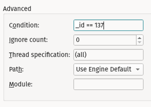screenshot of the conditional breakpoint popup menu, showing the line number and condition on which to stop at that line