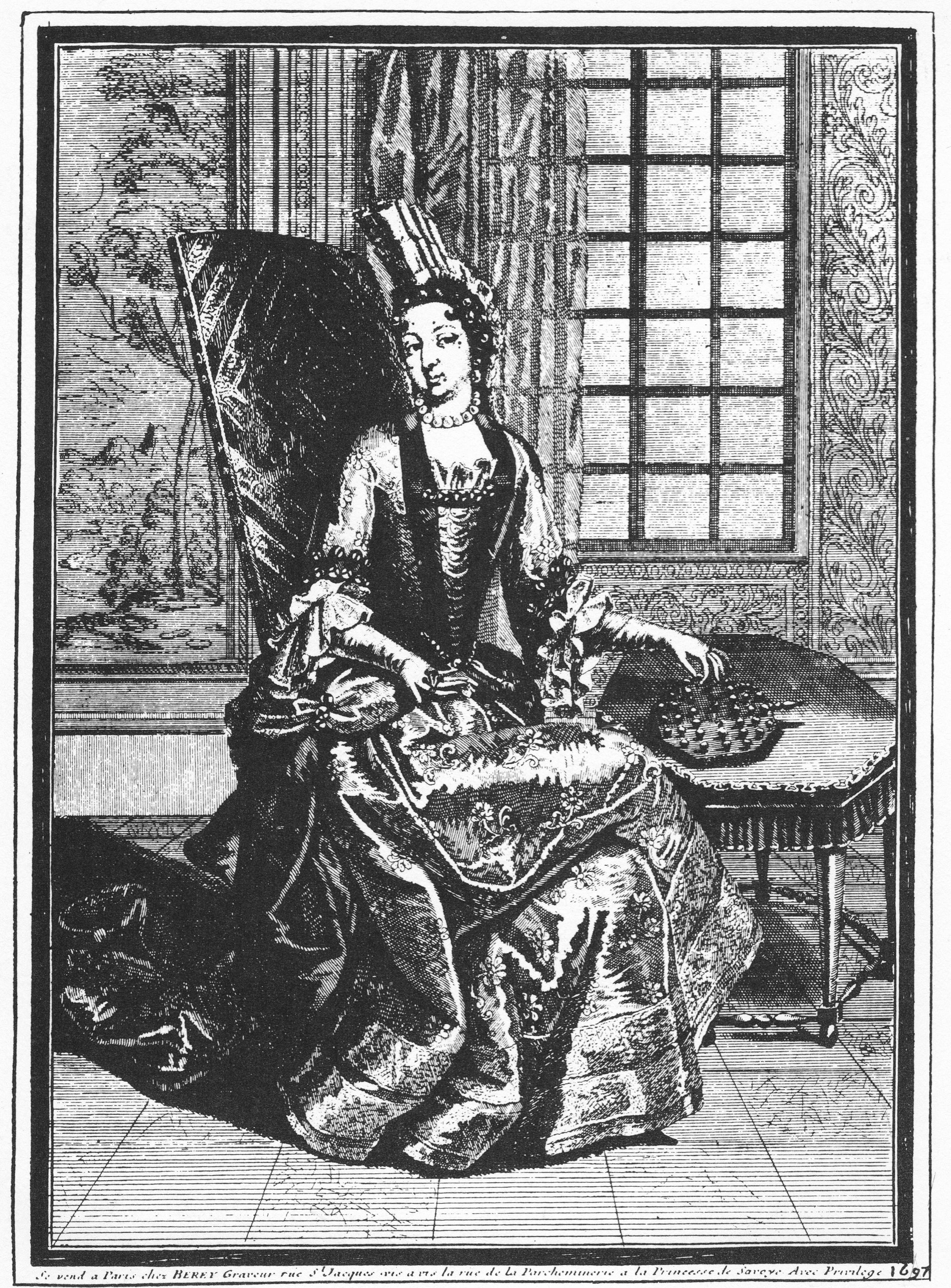 Ancient wood carving print of a woman in 17th century French clothing sitting in a formal chair with a marble board on a side table next to her.