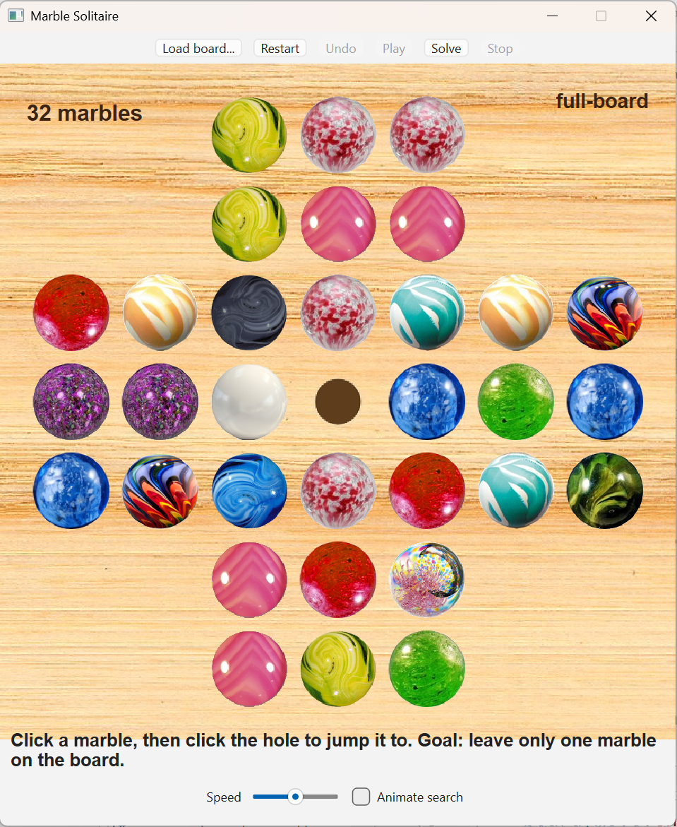 Marble solitaire game board is a wooden board with a grid of recessed holes that each hold one glass marble. There is an empty hole in the center to start.