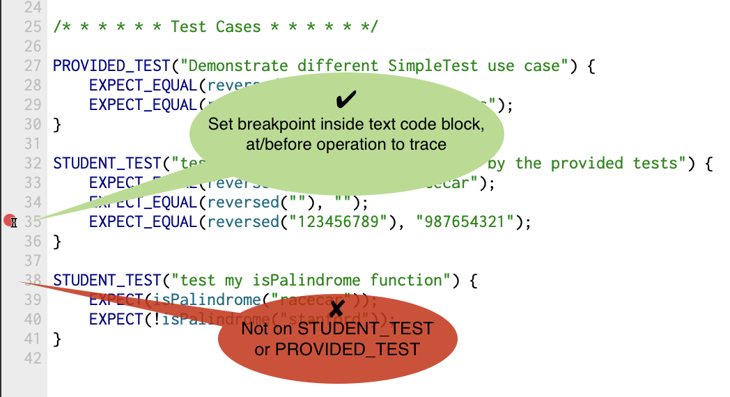 screenshot of setting breakpoint in debugger on EXPECT statement