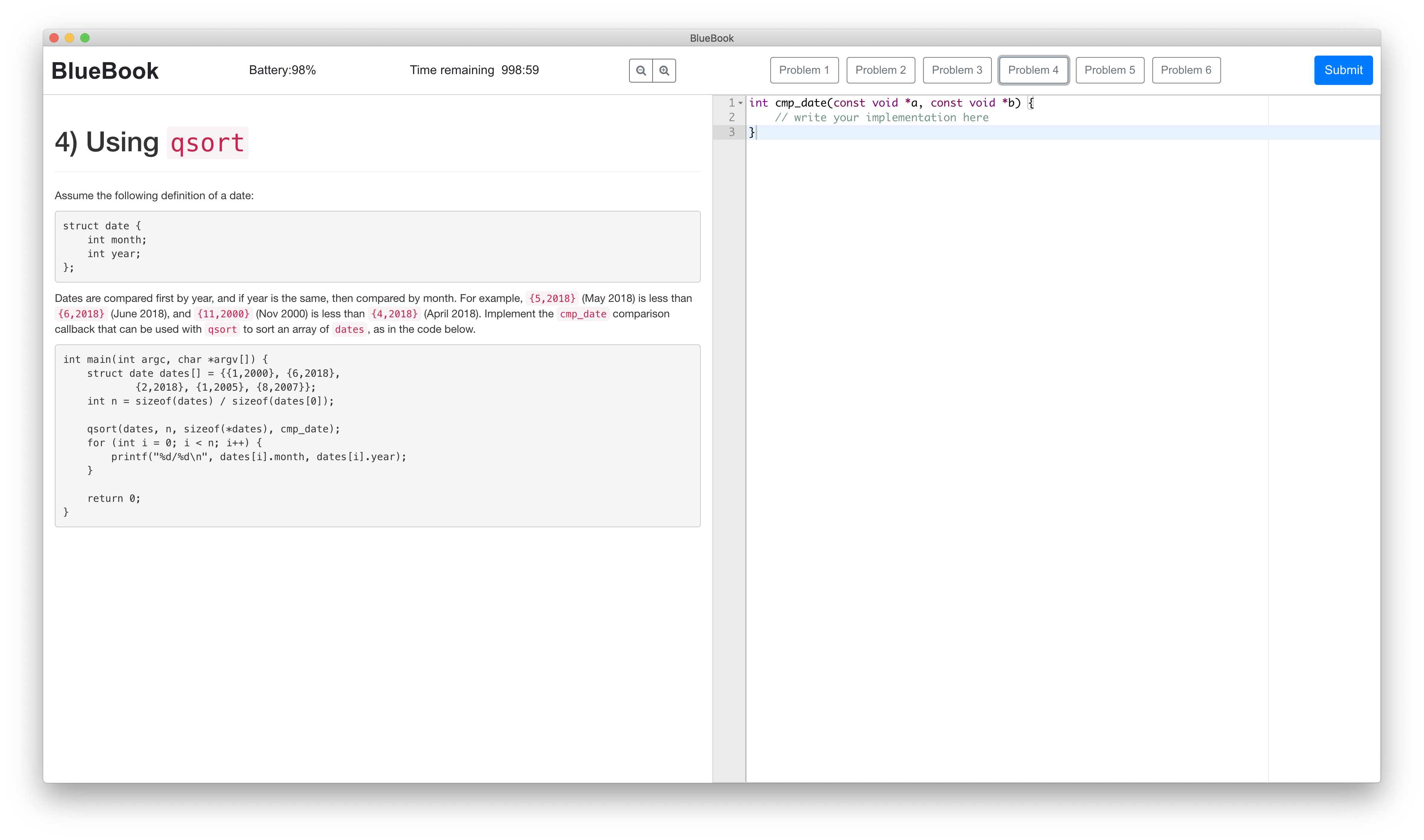 screenshot of the BlueBook program showing a sample exam