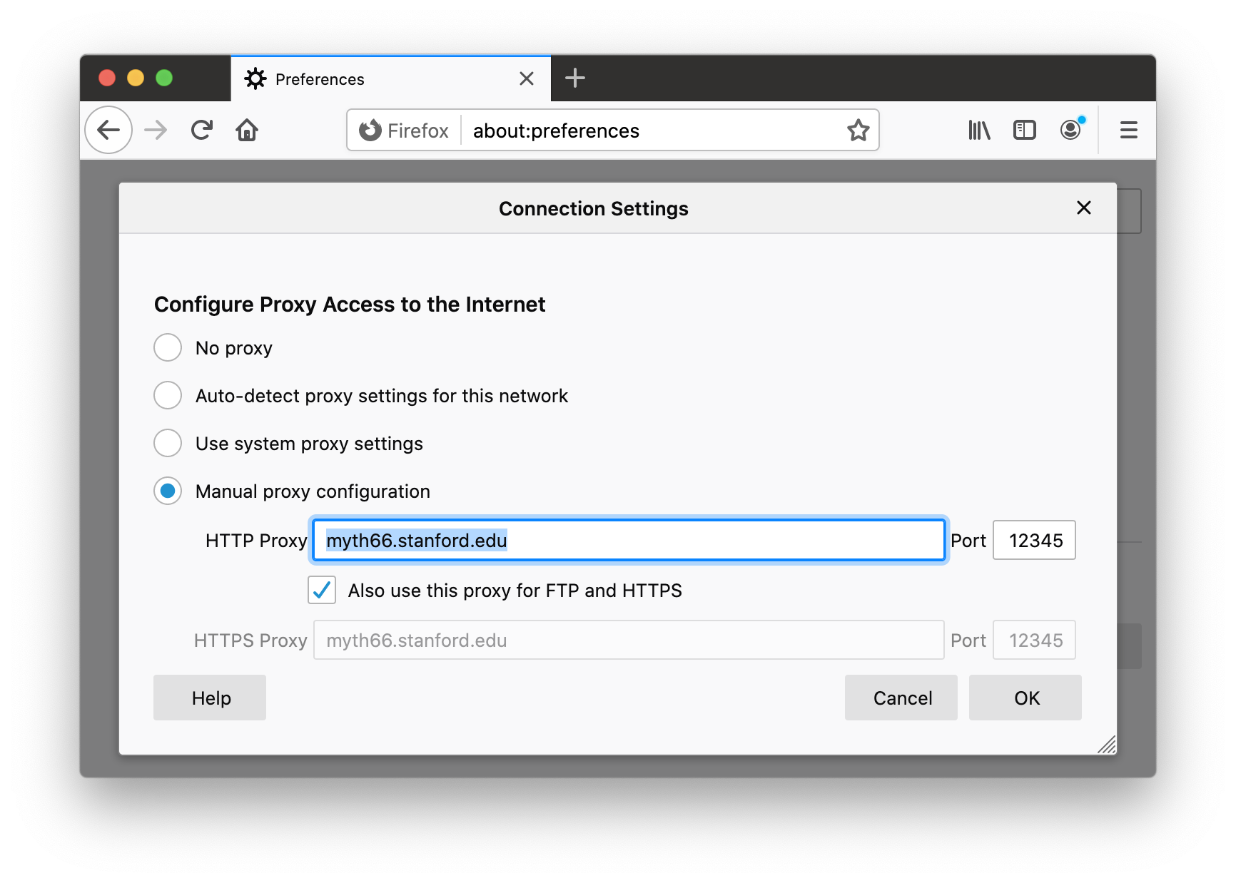 Firefox Connection Settings window to enable Manual proxy configuration