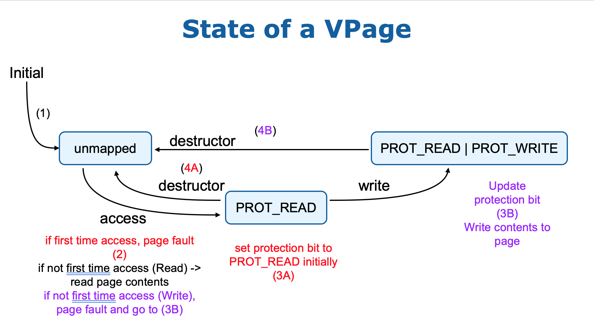 3 states; unmapped, PROT_READ and PROT_READ|PROT_WRITE.  An arrow labeled 'initial' numbered 1 points to the unmapped state.  There is an arrow from unmapped to PROT_READ labeled 'access', with a note below saying 'if first time access, page fault (2), if not first time access (Read) -> read page contents, if not first time access (Write), page fault and go to (3B)'.  There is an arrow from PROT_READ back to unmapped labeled 'destructor (4A)'.  The PROT_READ state has text below it saying 'set protection bit to PROT_READ initially (3A)', which is referring to a page with a first time access.  There is an arrow from PROT_READ to PROT_READ|PROT_WRITE labeled 'write'.  The PROT_READ|PROT_WRITE state has text below it saying 'Update protection bit (3B), Write contents to page', which is referring to a page that was already accessed triggering a page fault (meaning it's being written).  There is an arrow from PROT_READ|PROT_WRITE back to the unmapped state, labeled 'destructor (4B)'.