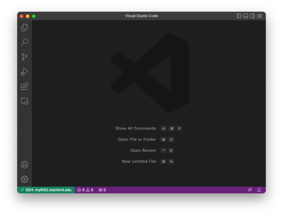 A screenshot of VSCode after connecting to myth - it shows an empty window with an area in the bottom-left corner saying 'SSH: myth62.stanford.edu'.