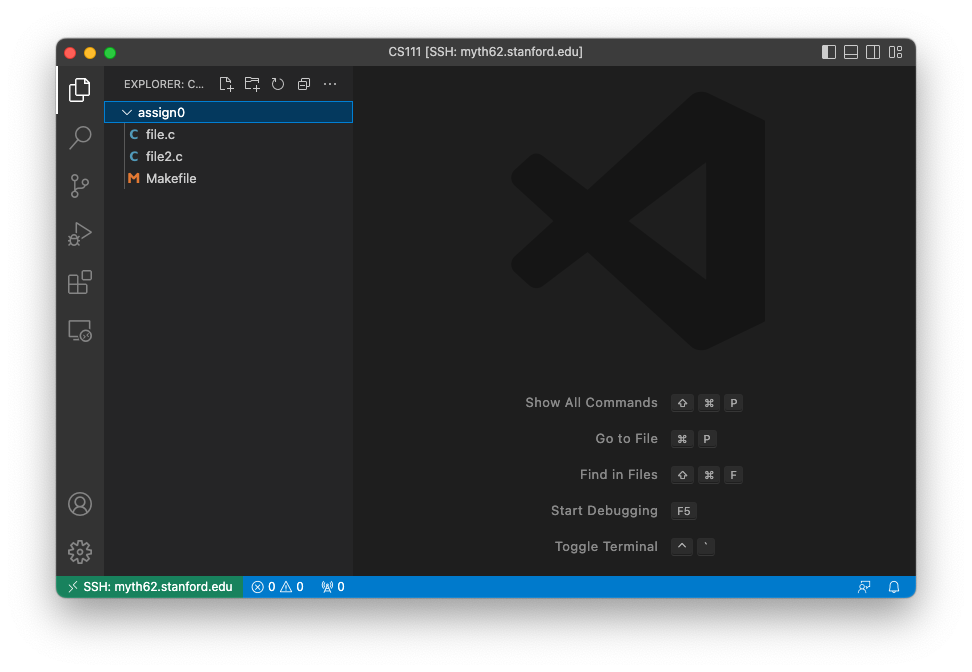 A screenshot of VSCode after opening a folder from the myth machines; it shows an empty main area with a sidebar that shows the contents of a folder, in this case the assign0 folder, and also shows the files contained within that folder.