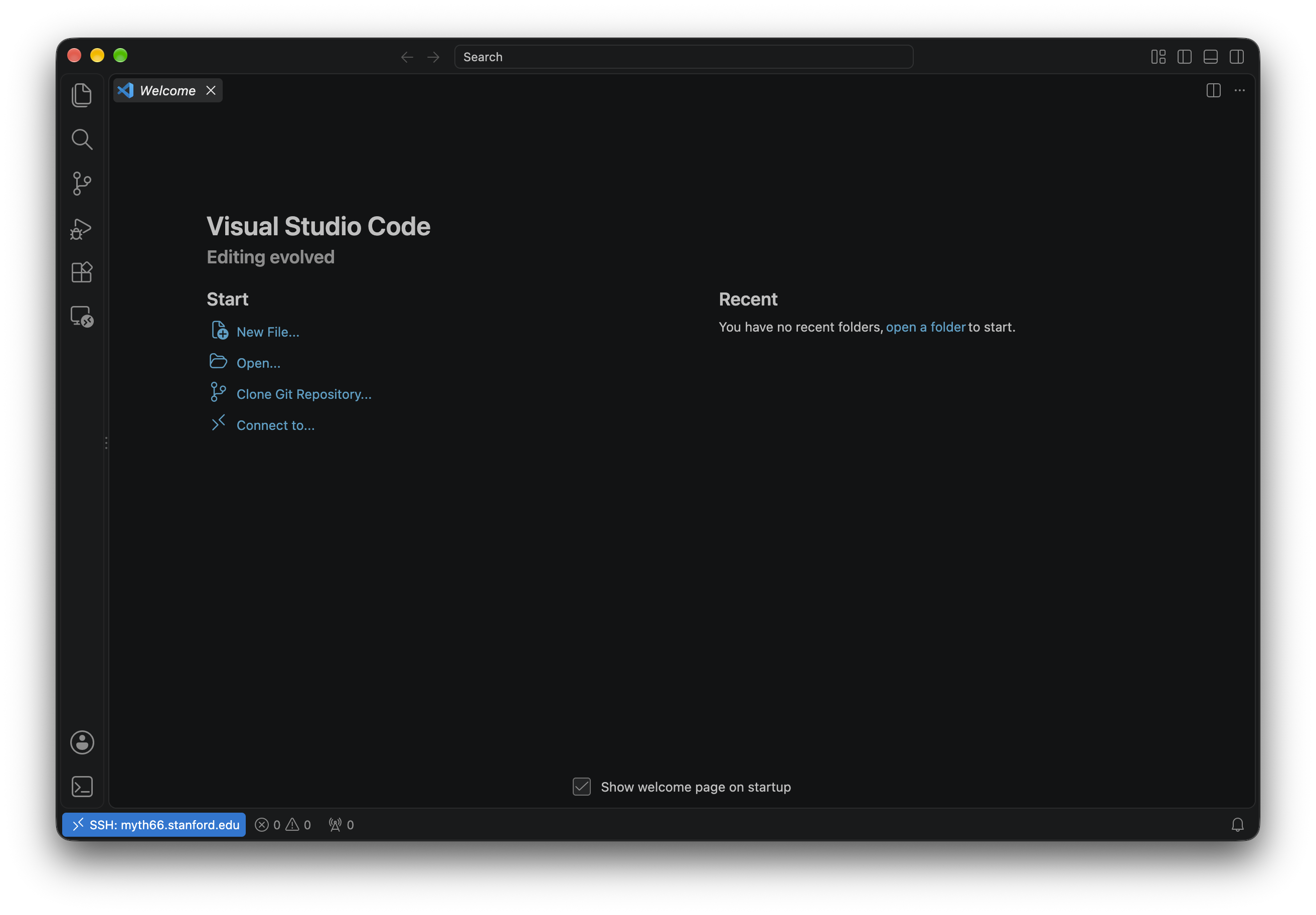 A screenshot of VSCode after connecting to myth - it shows an empty window with an area in the bottom-left corner saying 'SSH: myth62.stanford.edu'.