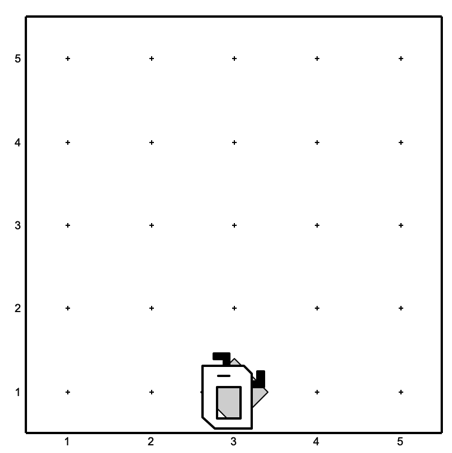 This is a world with 5 rows and 5 columns. There are no walls. Karel ends at row 1, column 3, facing west. There is one beeper
    at row 1, column 3.