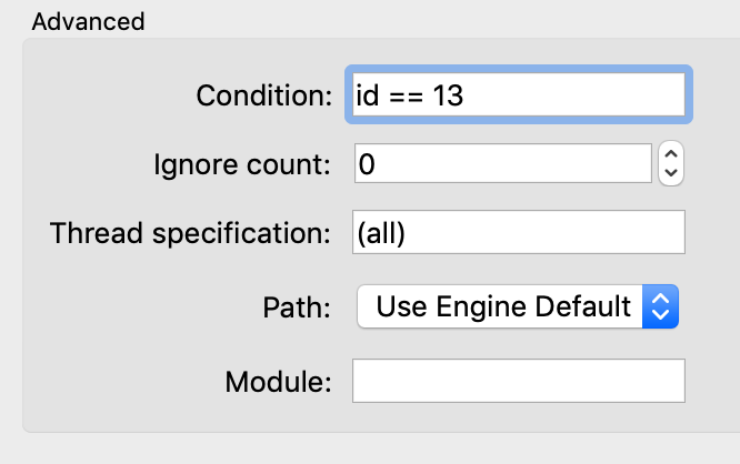 screenshot of the conditional breakpoint popup menu, showing the line number and condition on which to stop at that line