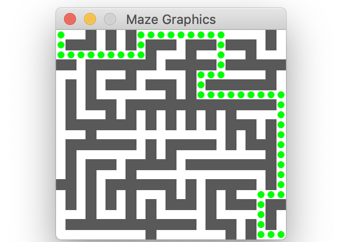 rectangular maze with dotted path leading from entry to exit