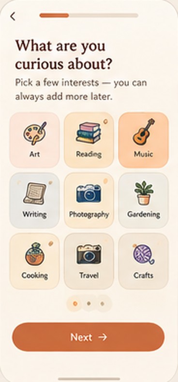 Concept screen: choosing your hobbies