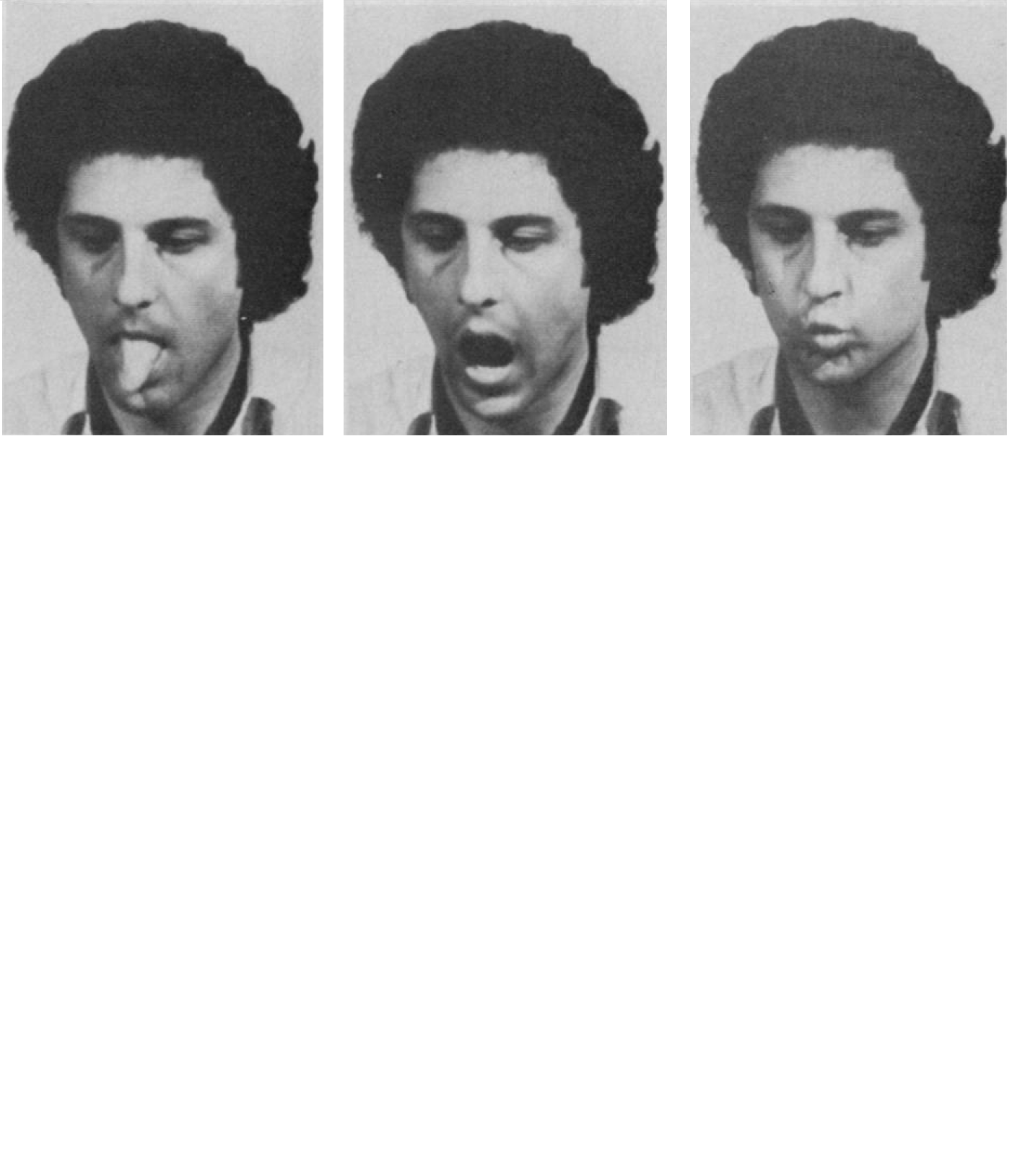 A man sticking out his tongue, opening his mouth, and puckering his lips.