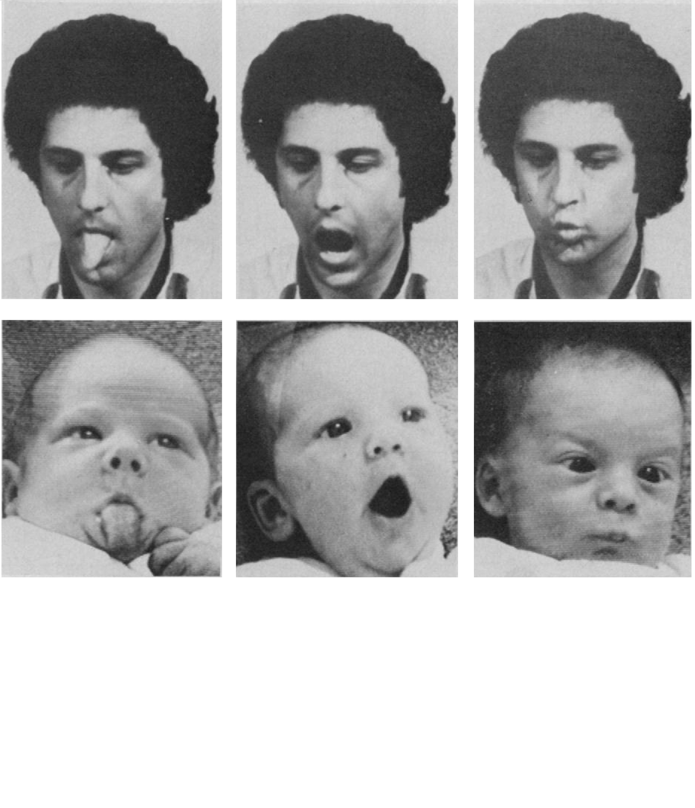 A baby imitating the man’s facial expressions.