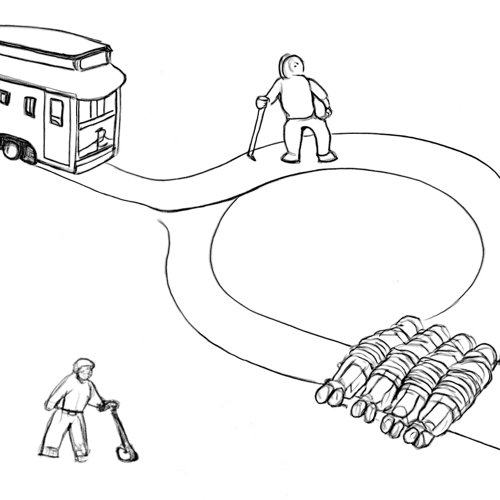 “Loop”: Suppose the switch could send the trolley down a sidetrack that loops back to the main track; however, this will stop the trolley from hitting the five workers because a single, large worker is currently on the sidetrack, and the trolley, hitting him, will stop before rejoining the main track.
