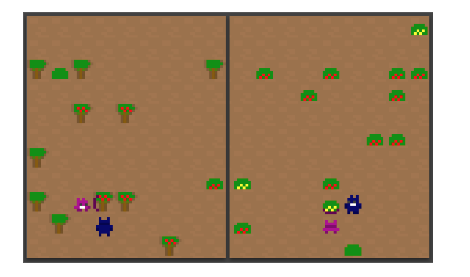 Egocentric views of the same environment, at the same time, for the tall (left) and short (right) agents. Left: The tall agent can distinguish between, and pick, fruit from both trees and shrubs, but all fruits look the same (all fruit looks red). Right: The short agent can distinguish between types of fruit but not the height of trees versus shrubs (all vegetation looks like shrubs), so the agent is unaware of where it can pick from.