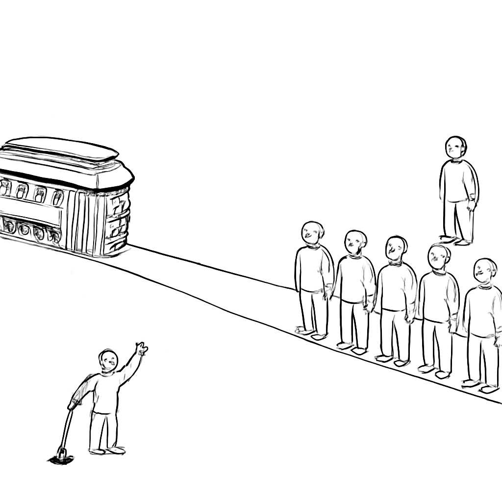 “Wave”: You are standing down the track from the five workers, who are looking in your direction and do not see the trolley approaching them from behind. If you wave vigorously to the side, encouraging them to step in that direction, the five workers will step off the track and be saved. However, another worker who is looking your way and who is initially standing alongside the track will also see your waving gesture and step in the same direction. This will place him on the track, where he will be struck from behind and killed.