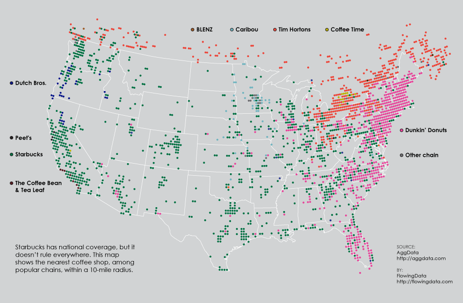 Coffee Place Geography in 2014 from [Flowing Data](https://flowingdata.com/2014/03/18/coffee-place-geography/)