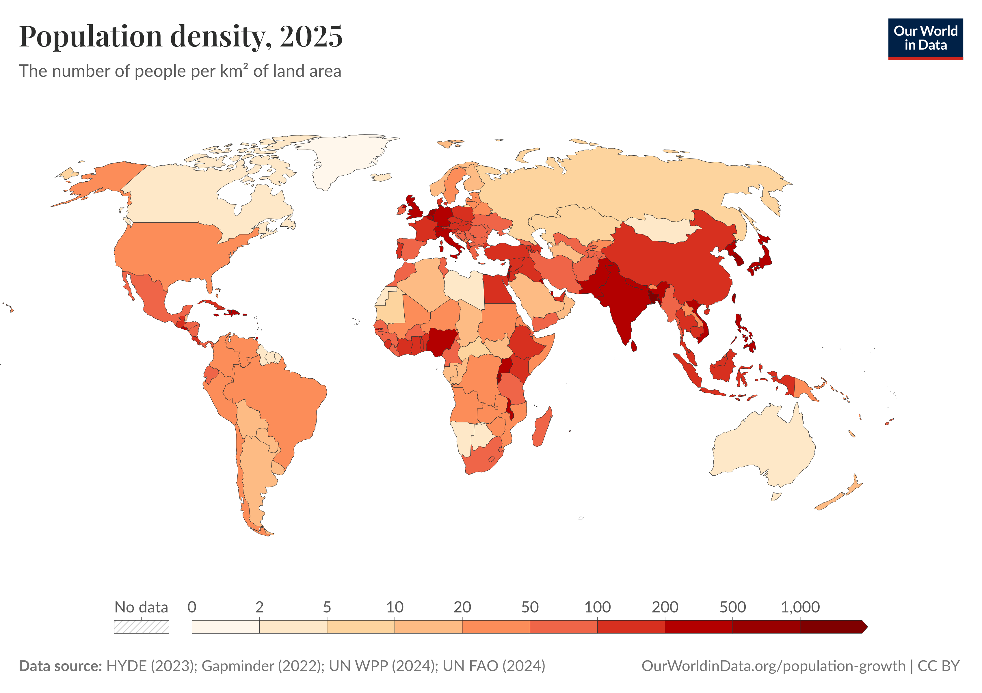 A cloropleth showing population density from Our World in Data.