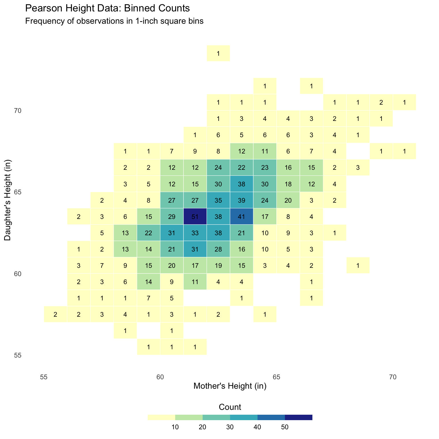 A 2D histogram, or heatmap, of Pearson's mother-daughter height data. The X-axis represents the mother's height and the Y-axis represents the daughter's height, both in inches. The plane is divided into 1-inch square bins. The color of each bin, from light yellow to dark blue, indicates the count of data points falling within it, with darker colors representing higher frequencies. The counts are also printed as numbers within each bin. The highest counts are concentrated along a diagonal line, visually confirming the positive correlation where taller mothers tend to have taller daughters.